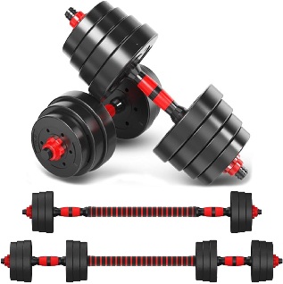 Juego de mancuernas de 50 kg. con discos ajustables y recubiertos, incluye barra para sentadillas y 16 discos de 3 kg.