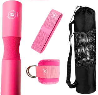 Pack de almohadilla rosa, banda tobillera rosa y goma elastica rosa para gimnasio