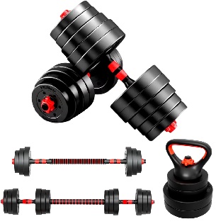 Pesas de 40 kg. con discos ajustables, set de 2 barras mas barra de sentadillas mas asa kettlebell