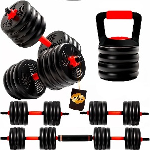 Set de mancuernas de 50 kg. regulables con discos, barras, barra de sentadillas, y asa kettlebell